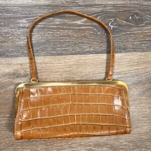 Ann Taylor Womens Purse Shoulder Bag Alligator Print Gold Accents Tan